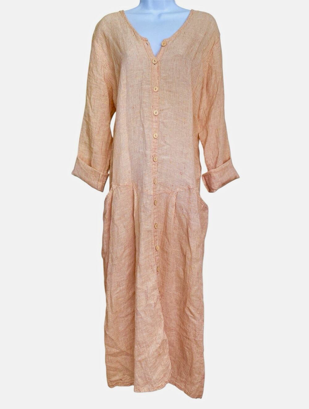 FLAX 100% Linen Peach Drop Waist Boho Lagenlook Maxi Dress Pockets Size M